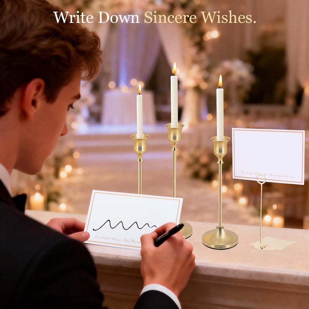 Candle Holders Set - 6 Metal Tall Candlestick Holders & 2 Label Holders & 5 Greeting Cards for Banquet Centerpieces