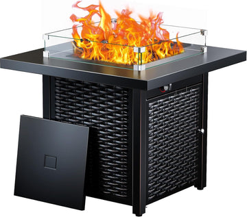Propane Fire Pit, 28″ Outdoor Gas Fire Pit, 50,000 BTU Steel Fire Table with Glass Wind Guard, Lid & Lava Rock