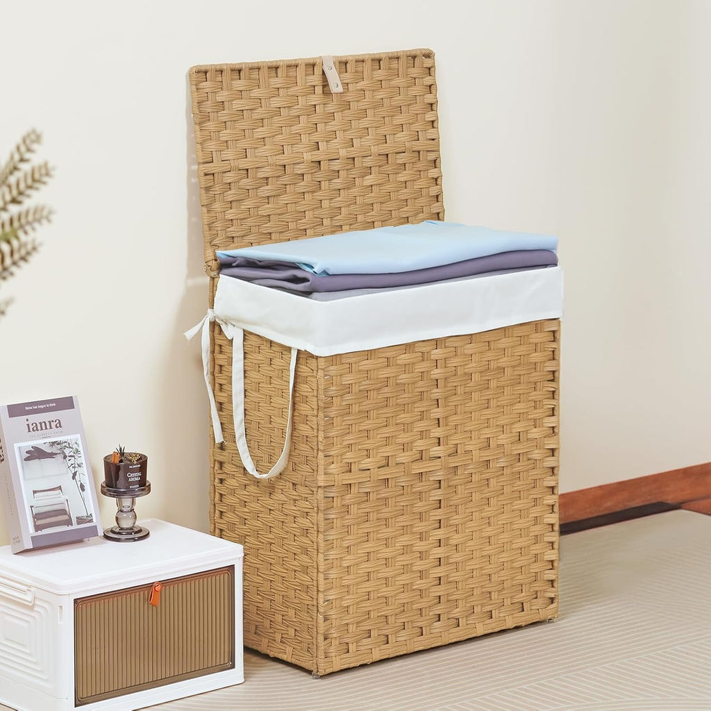 Woven Laundry Basket with Lid, 90L Large Capacity Hamper, Removable & Machine-Washable Liner, Foldable Rattan Clothes