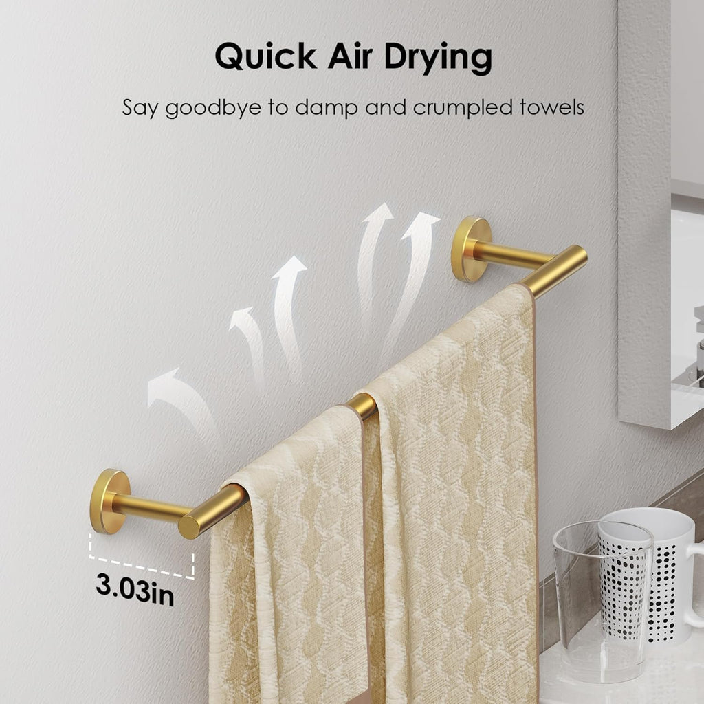 Bathroom Accessories, 4-Piece Bathroom Hardware Set - 18" Towel Bar | Brushed Gold | Towel Hooks, Towel Racks