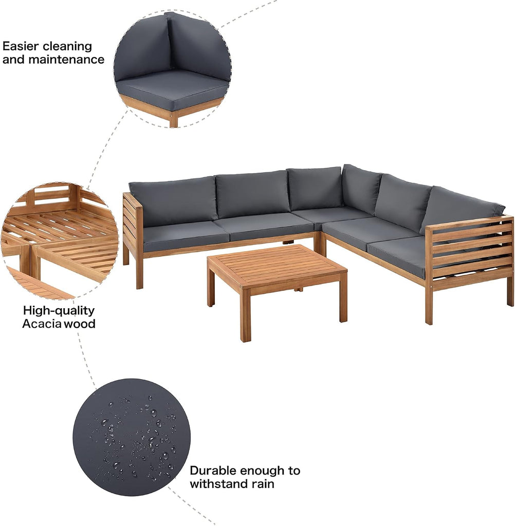 Outdoor Patio Natural Furniture Set L-Shaped Sofa Set, 4-Piece Acacia Wood Sectional Conversation Set with Loveseat