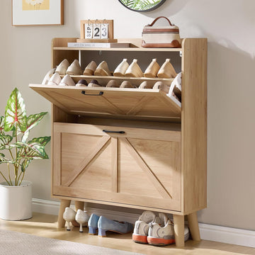 Shoe Cabinet Storage with 2 Flip Drawers Rack Narrow Organizer Slim Hidden Wood Shoe Cabinet Furniture Natural