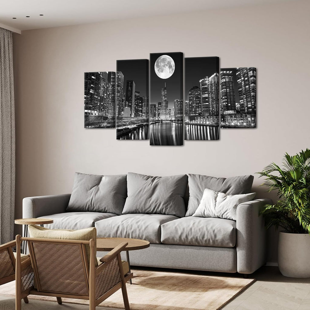 5 Panel Chicago Skyline Wall Art Cityscape at Moon Night Picture Canvas Prints Modern Black and White City Painting