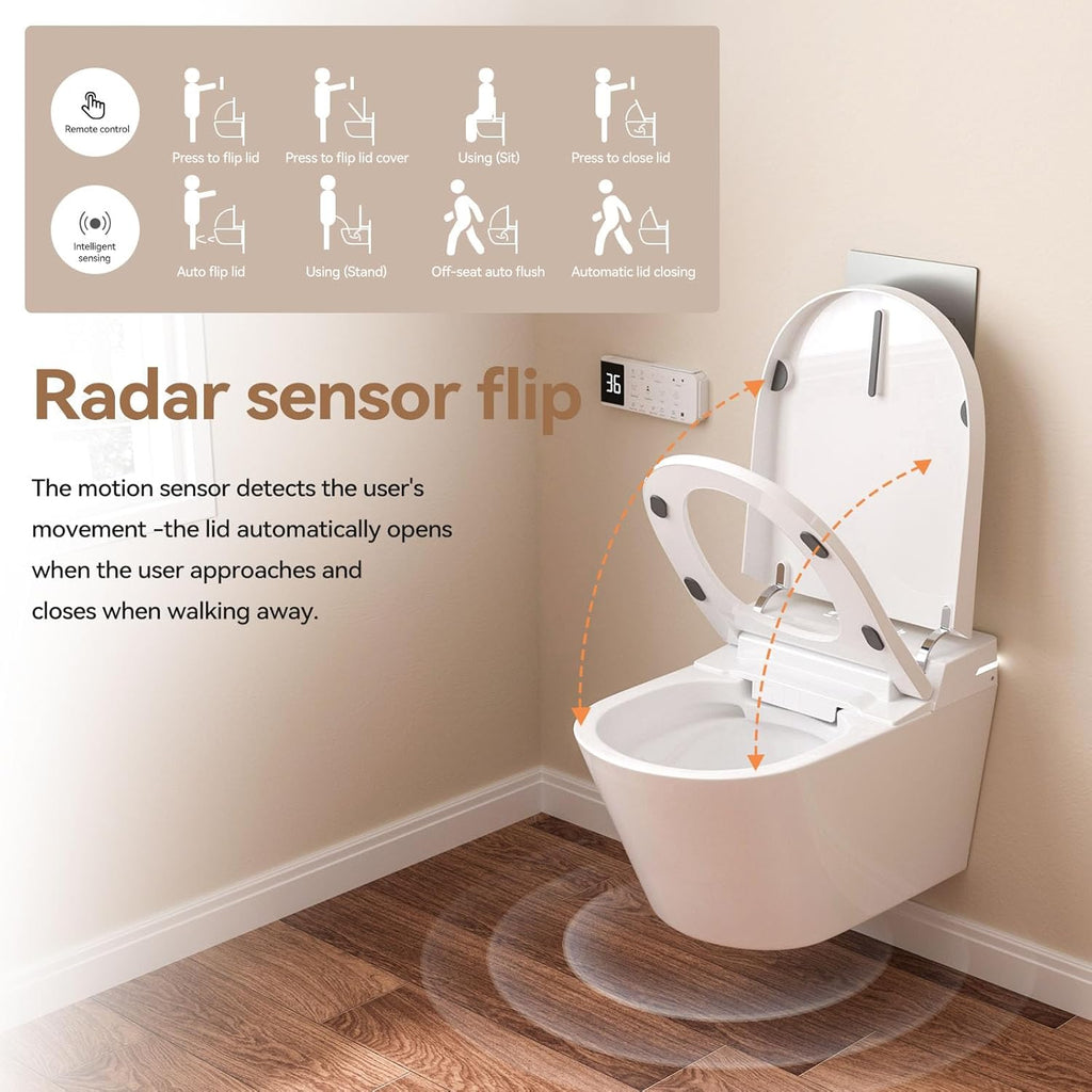 Wall-Mounted Smart One-Piece Toilet with Built-In Bidet, Heated Seat, Warm Air Dryer, Auto Flush, Auto Open and Close, Remote Control, Night Light