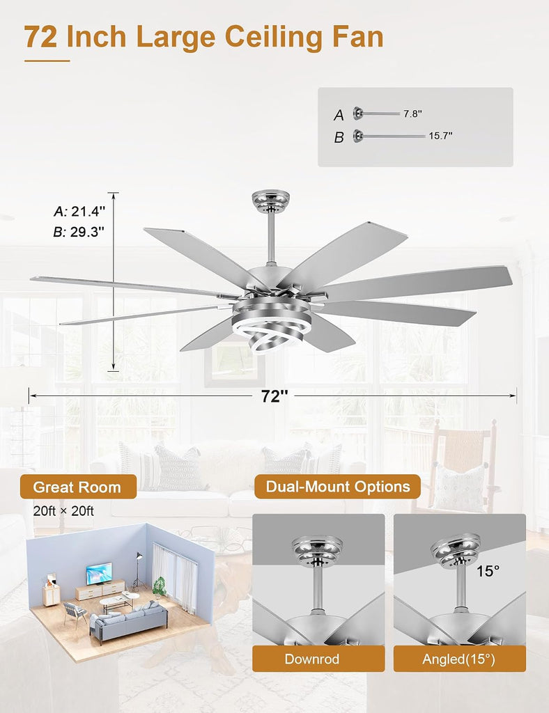 72 Inch Ceiling Fans with Lights, Large Modern Ceiling Fan with Remote Control , Dimmable