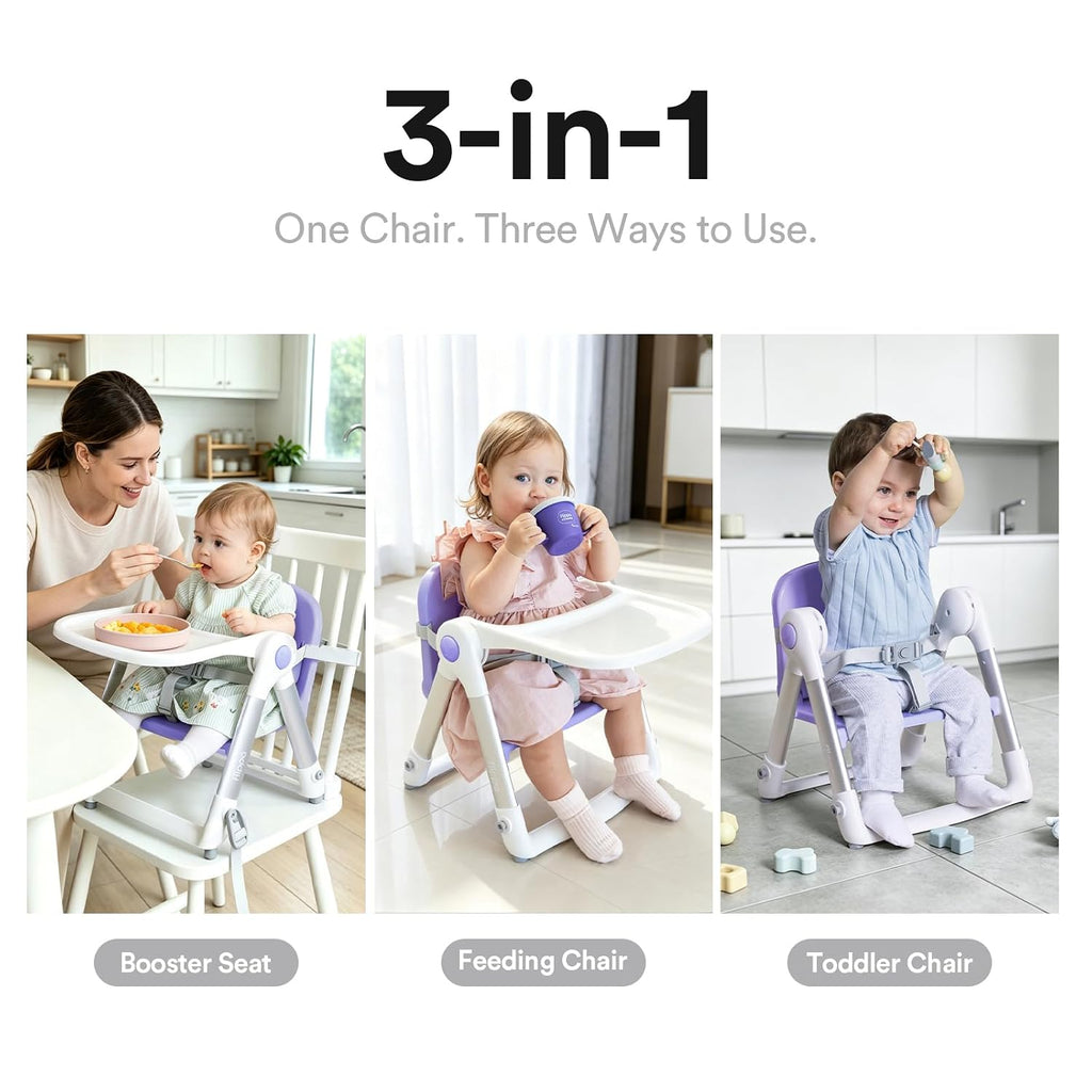 3-in-1 Toddler Booster Seat Chair & Dining Table with Removable Tray and Safety Straps, Portable& Foldable Babies