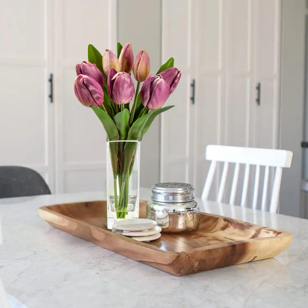 Fake Flowers Artificial Tulip Flower Purple in Clear Vase, Real Touch EVA Tulip Arrangement Suitable Fall Decoration