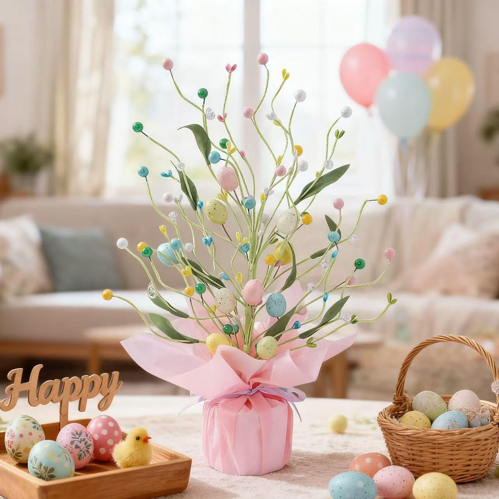 Easter Egg Tree Table Decor, 16.53 Inch Pre-Lit Artificial Easter Tree with Pastel Eggs & Berries, Spring Centerpiece
