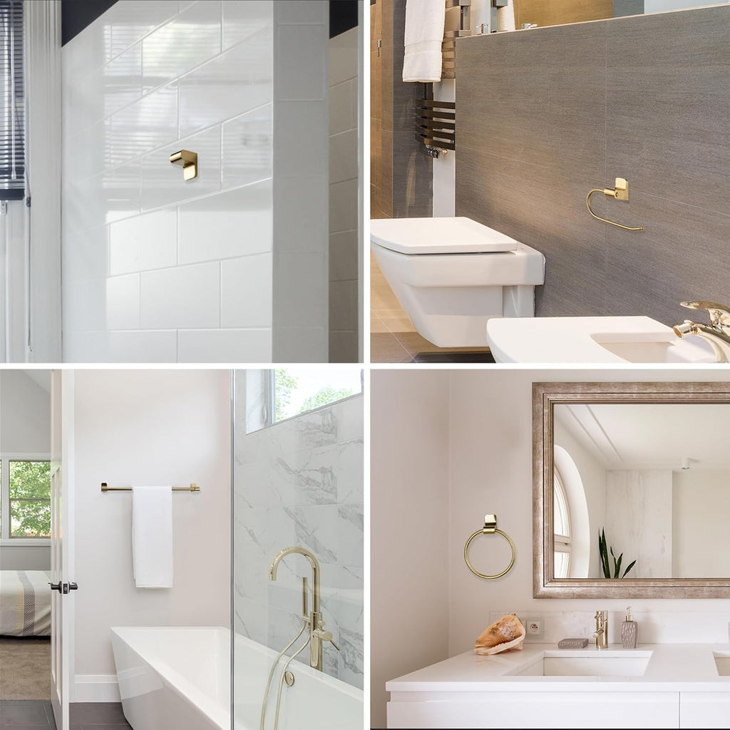 5-Piece Bathroom Accessory Set with 3-Light Vanity Fixture, Matte Brass Finish, Open Socket Design, Towel Bar, Towel