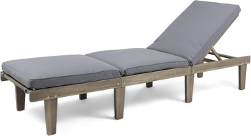 Outdoor Acacia Wood Chaise Lounge, Grey Finish/Dark Grey Cushion
