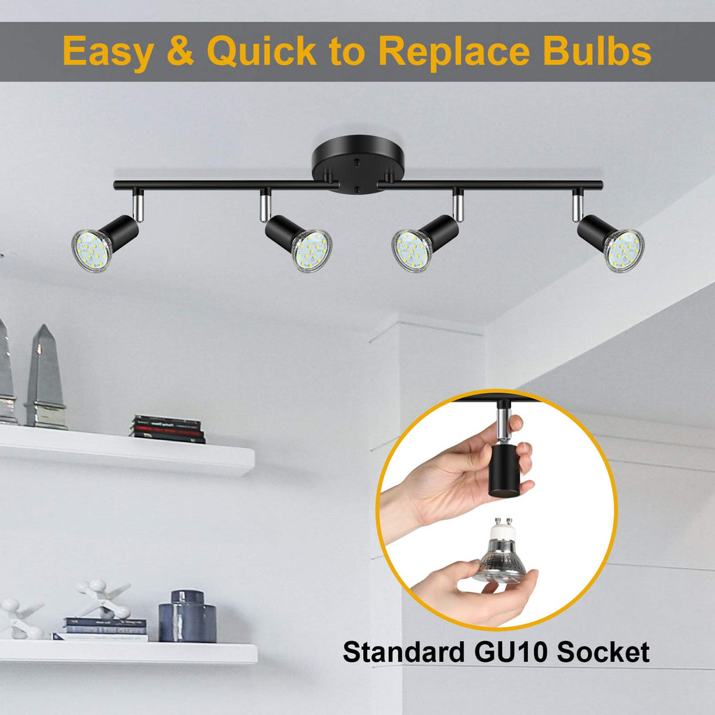 LED Track Lighting Kit, Flexibly Rotatable Light Heads, 4 Way Ceiling Spotlight Black Finish, Including 4