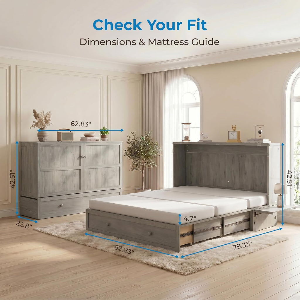 Queen Murphy Bed Cabinet with Tri-fold Mattress, Cabinet Bed with Built-in Charging Station, Storage Drawer, Solid
