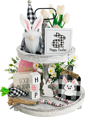 Easter Tiered Tray Decorations Spring Easter Bunny Gnome Decor, Buffalo Plaid Easter Gnome Plush Black Check - Set of 8