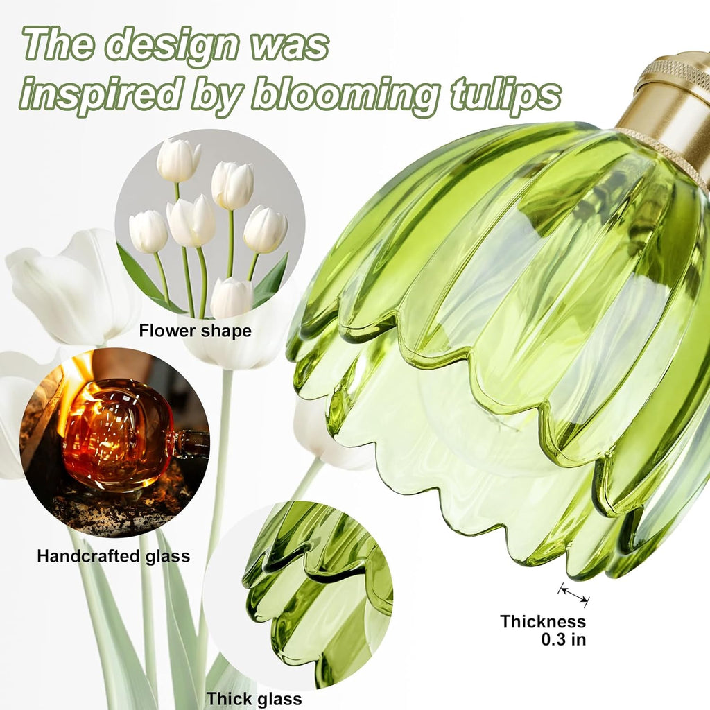 Hardwired Wall Sconces Set of Two, Vintage Wall Lights with Green Tulip Glass Lampshade, Gold Wall Lamps for Bedroom