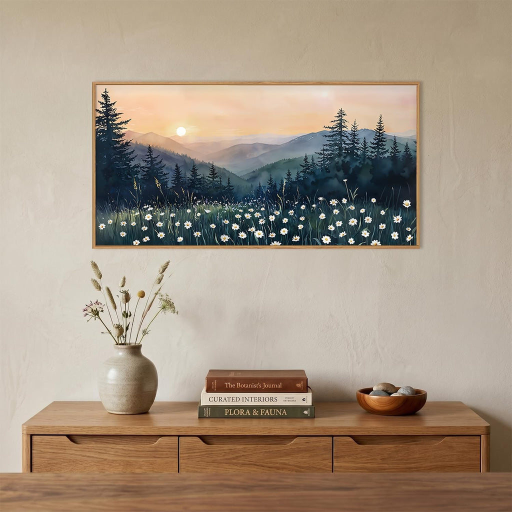 Mountain Floral Landscape Framed Canvas Wall Art Set,Watercolor Forest Wall Decor,Misty Pine Tree Art Prints,Nature