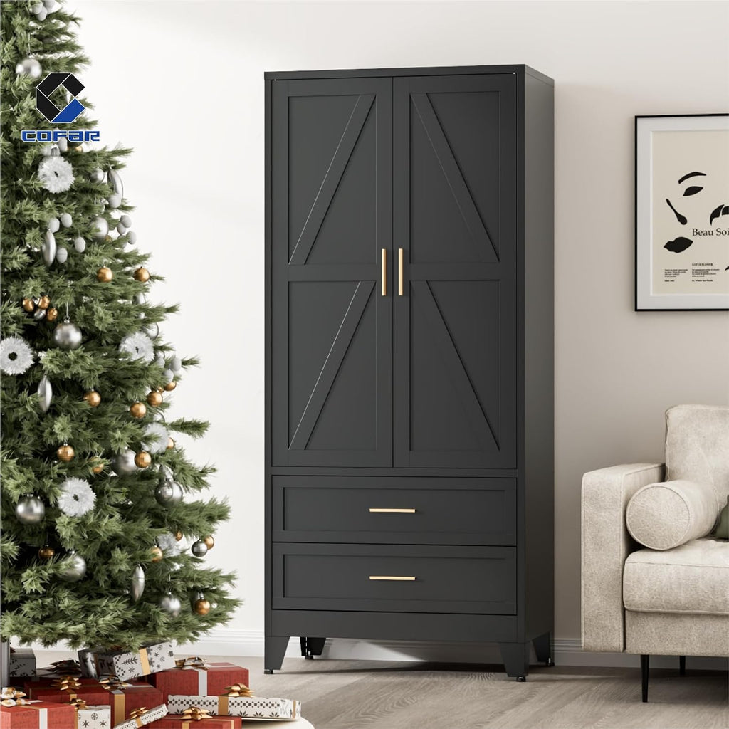 Armoire Wardrobe Closet with Drawers & Hanging Rod, 71'' Metal Wardrobe Closet with Doors & Adjustable Shelf