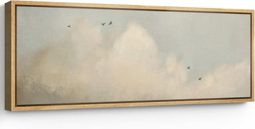 Large Framed Canvas Print Wall Art Serene Cloudscape with Birds in Flight Illustrations Modern Art Calm Warm - 60"x20"