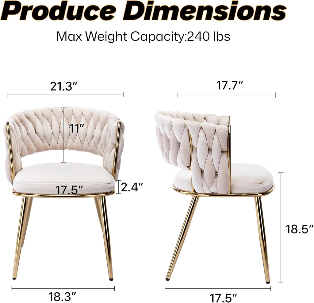 Velvet Woven Dining Chairs Set of 2, Modern Hand Weaving Dining Chair with Hollowed Backrest, Upholstered Club Chairs