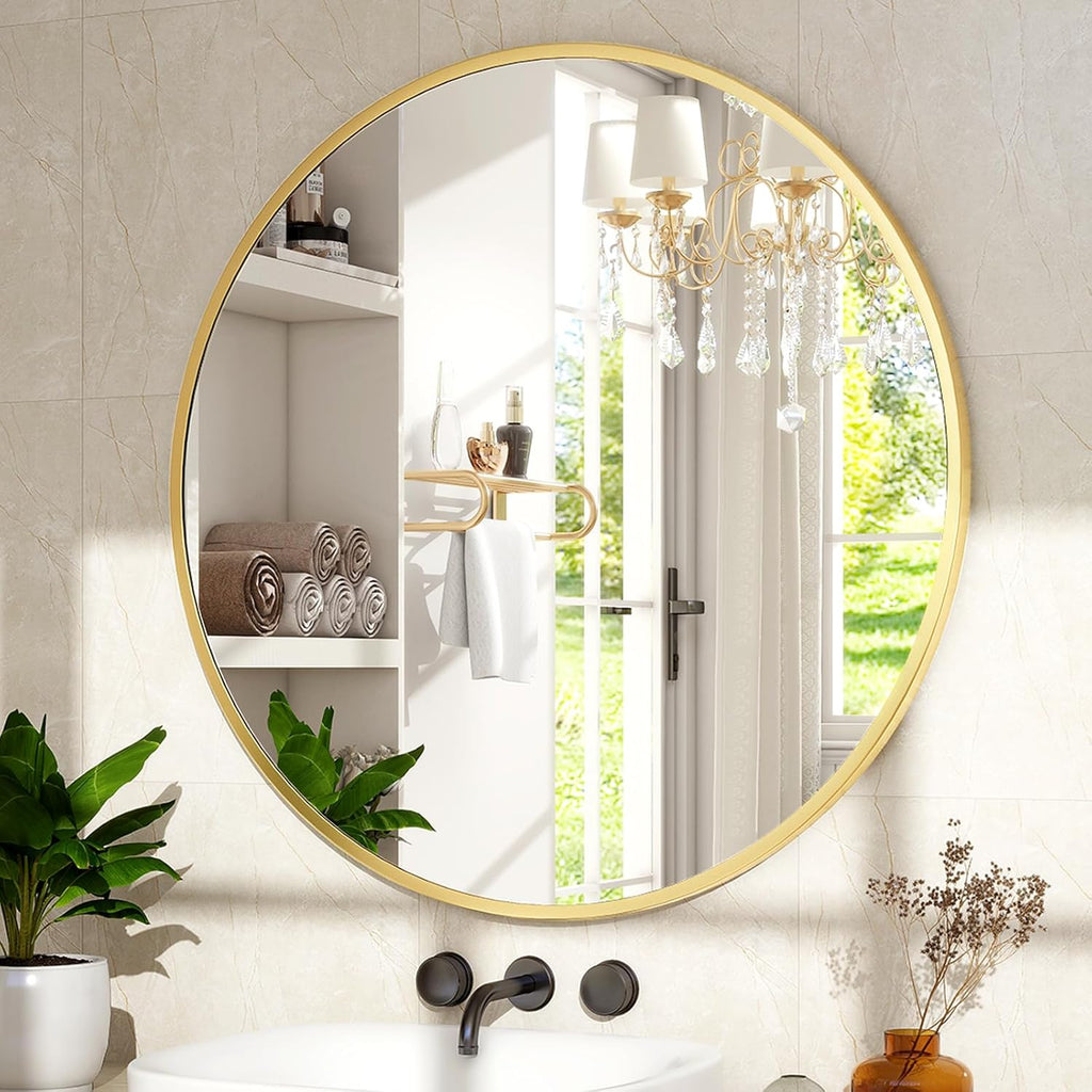 30 Inch Round Mirror - Circle Mirrors Wall Decor, Modern Hanging Vanity Mirror, Matte Gold Circle Decorative Wall Mirror