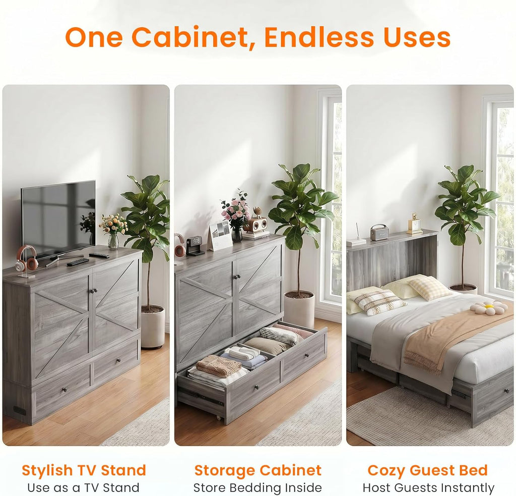 Full Murphy Bed with Tri-Folding Mattress，Murphy Bed Full with Charging Station and Storage Drawers for Small