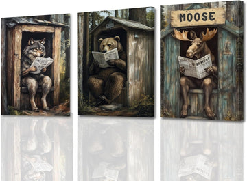 Funny Bathroom Wall Art Forest Wildlife Poster 3 Panel Wolf Bear Moose on Outhouse Toilet Canvas Print Funny Animals