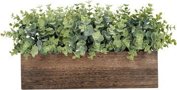 14" Artificial Eucalyptus Plants in Rustic Rectangular Wooden Planter Box, Fake Plants Centerpiece, Farmhouse Faux