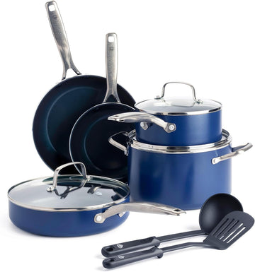 10 Piece Ceramic Nonstick Cookware Pots & Pans Set, Blue | PFAS-Free Diamond Infused Ceramic Nonstick, Metal Utensil