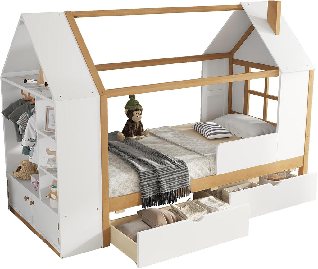 Twin Size House Bed, Solid Wood Platform Bed with Drawers and Wardrobe, House Shape Bed Frame with Built-in Shelves