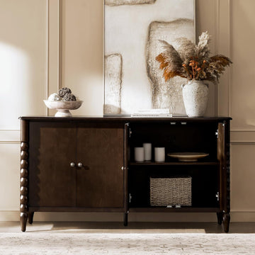 60" Sideboard Cabinet with Spindle Design, Transitional Storage Cabinet with 4 Doors, Adjustable Shelves