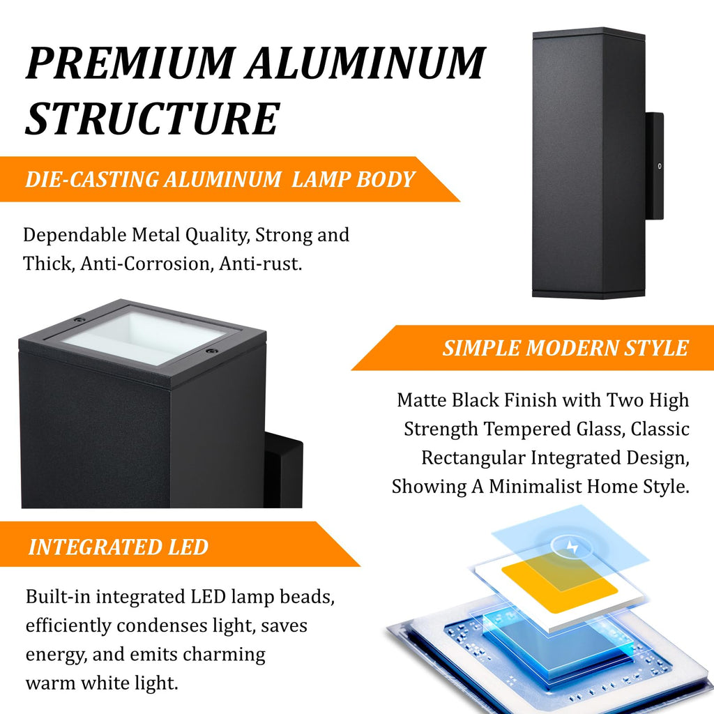 4-Pack Dimmable Wall Lights for Outdoor & Indoor Use - Integrated LED Square Up Down 12W 2700K Modern Aluminum