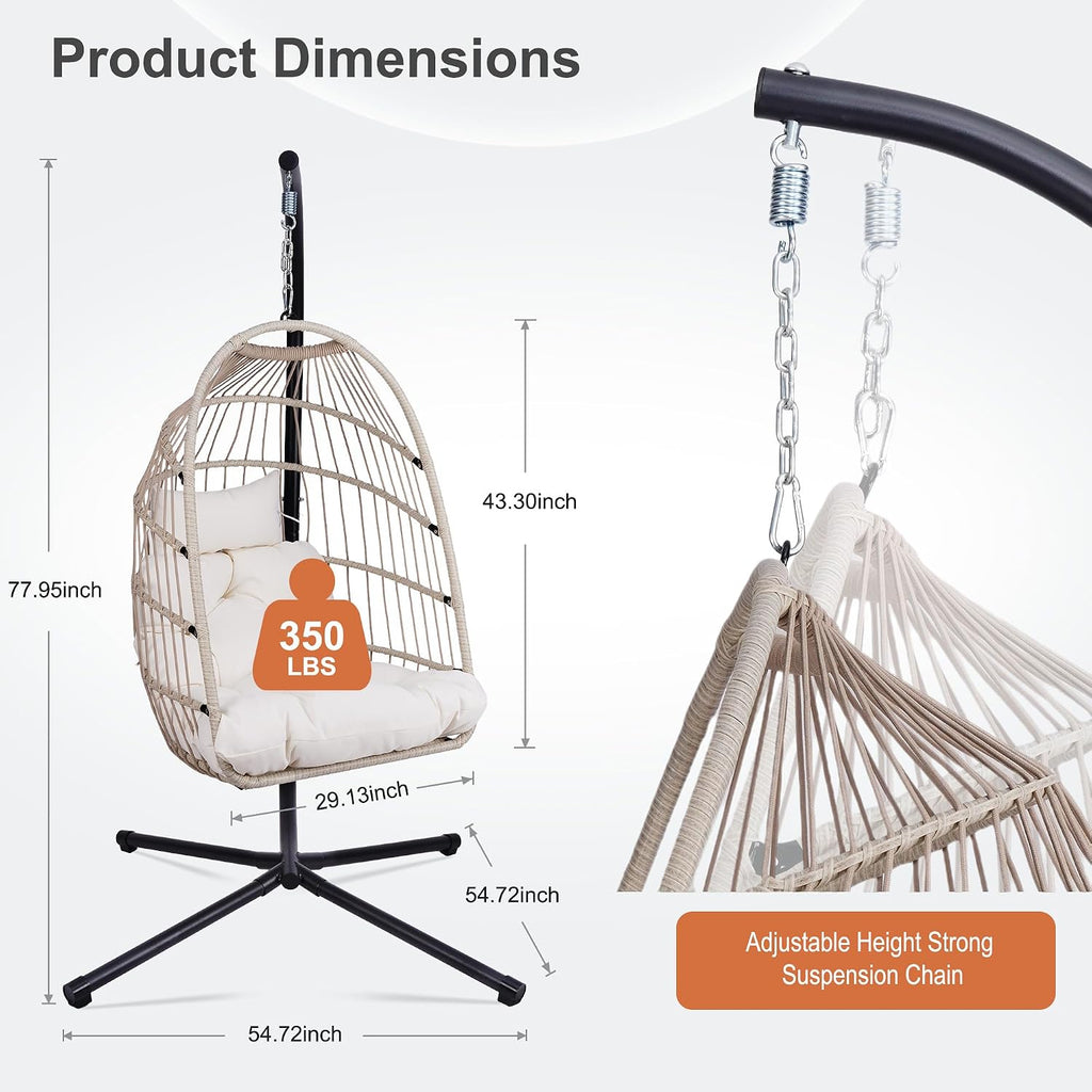 Foldable Hanging Egg Chair with Stand and Pillow, HDPE Rattan and Heavy Duty Aluminum-Steel Frame, Outdoor Patio