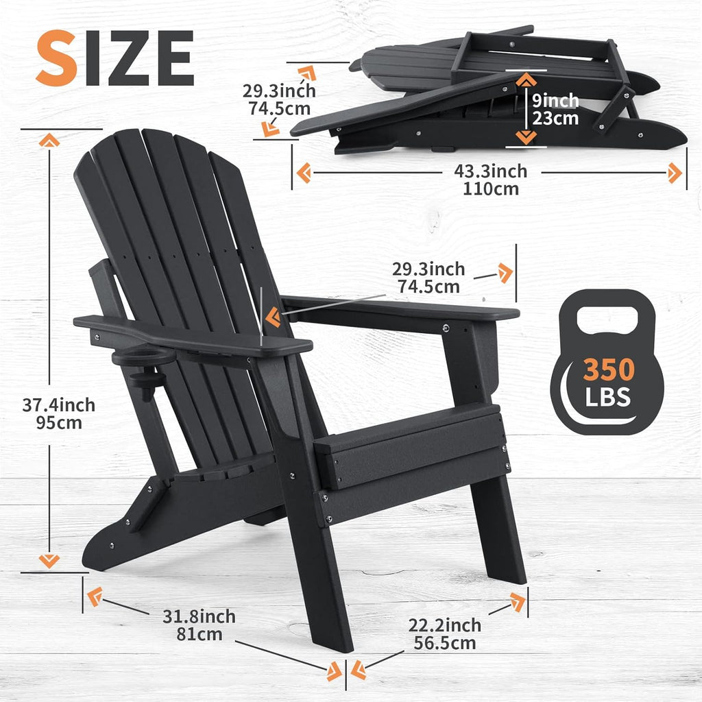 Folding Adirondack Chair Set of 4, Fire Pit Chairs with Cup Holder | HDPE All Weather, Quick-Folding, No Rot or Rust