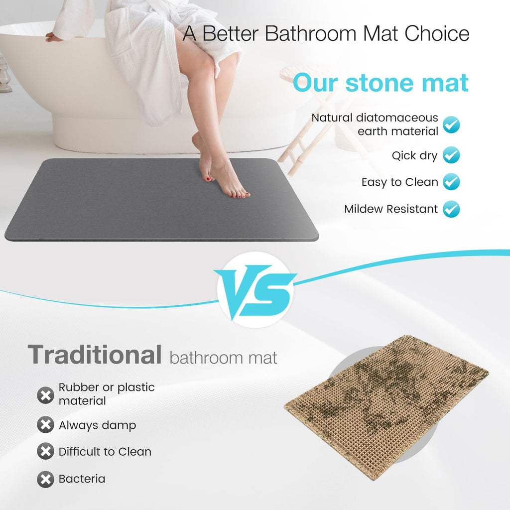 Large Fast Drying Diatomite Stone Bath Mat, 30" x 17" Dark Gray