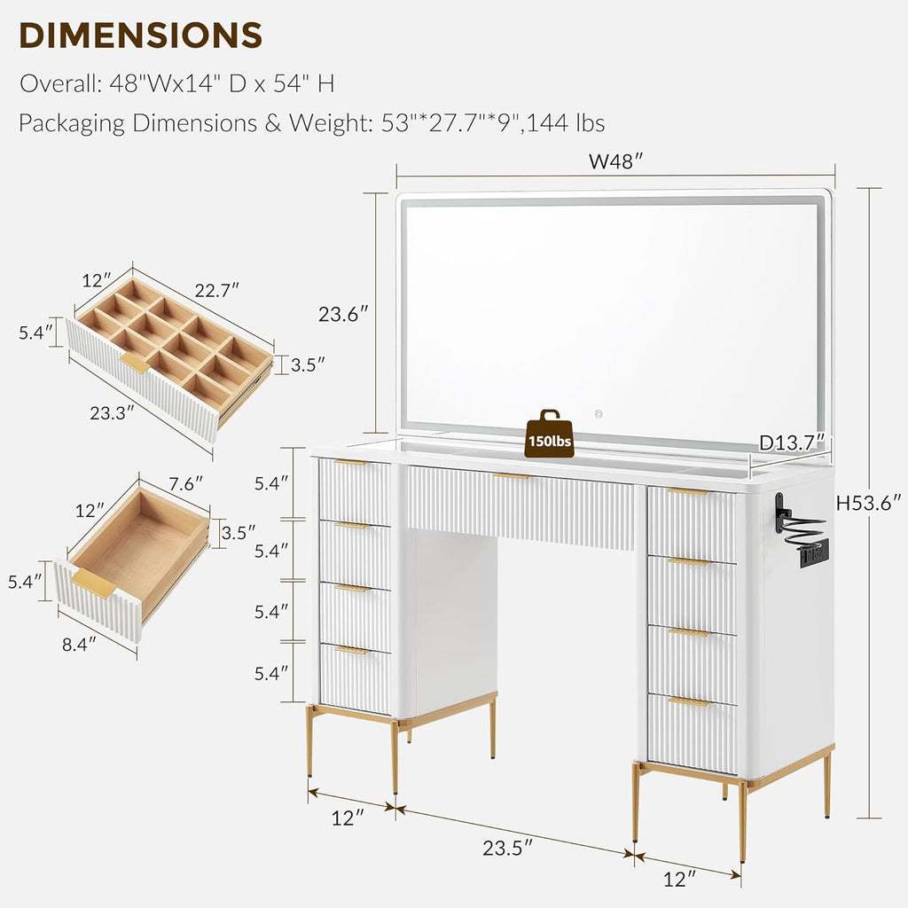 48" Fluted Makeup Vanity Desk with 48" Large Mirror and HD LED Lights, Modern Vanity Table with 9 Drawers & Charging