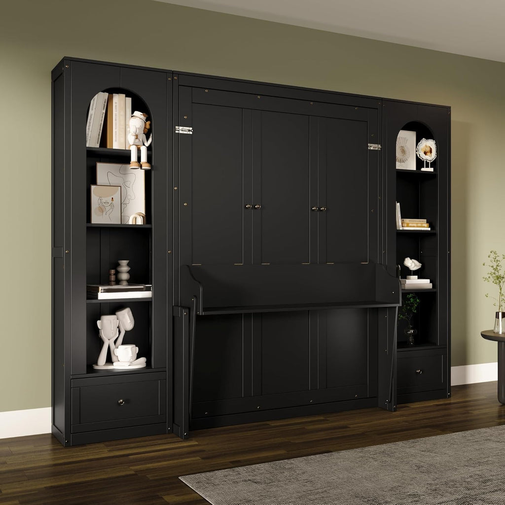 Queen Murphy Bed with Desk and Storage Bookcase & LED Light, Solid Wood Murphy Wall Bed with Storage Shelves and Drawers for Adults Bedroom Office (Queen,Black W/LED)