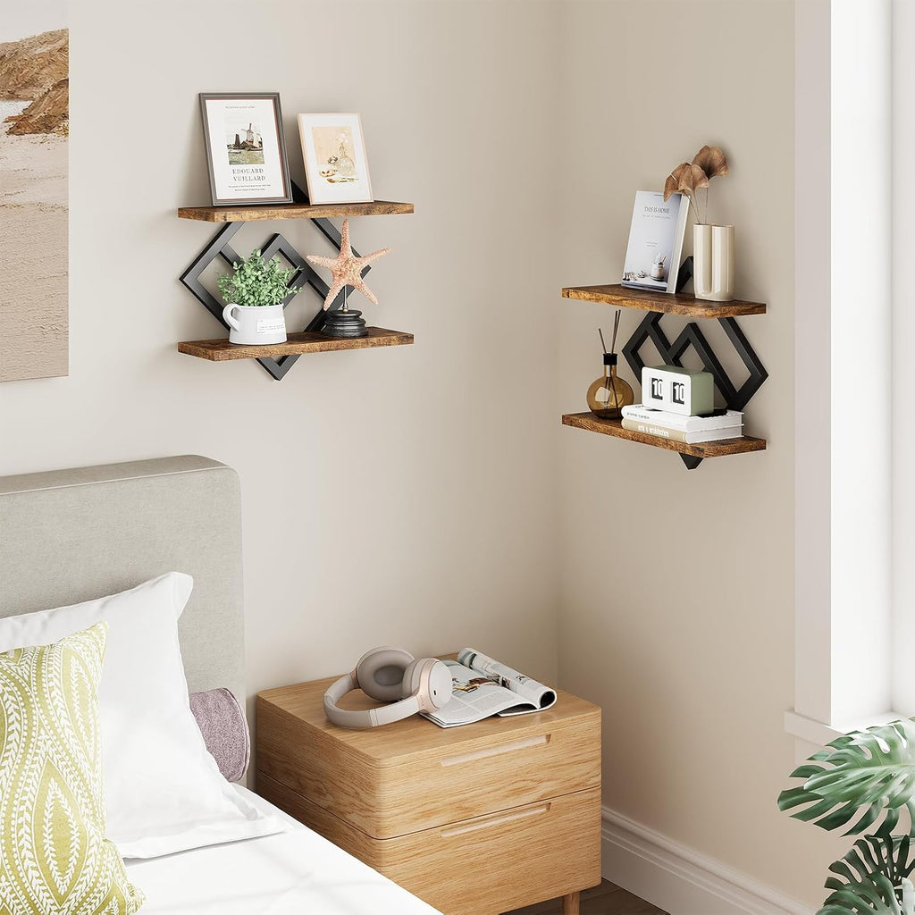 Floating Shelves for Wall, Set of 2 Hanging Shelves, Rustic Brown | 2-Tier Wall Mounted Storage Shelves for Decor
