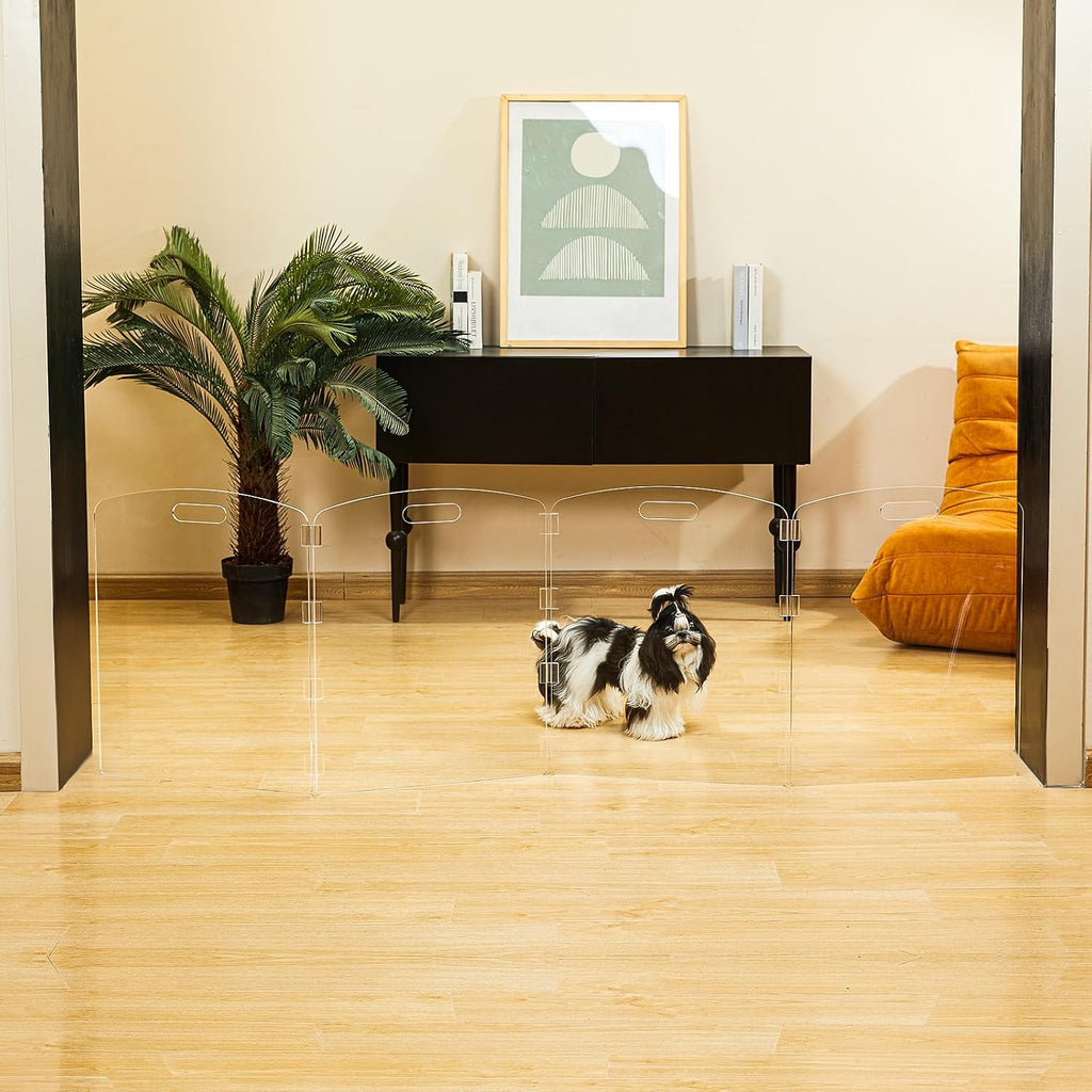 Modern Frame Clear Acrylic Freestanding Pet Gate - 24" High Extra-Wide Folding 4-Panel Dog Barrier for Doorways