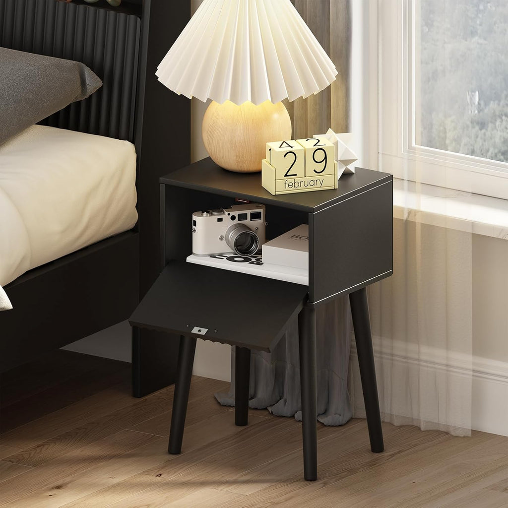 Nightstands Set of 2, Small Side Table, Bedside Table with Fluted Door, Solid Wood Feet, Modern Mid-Century End Table