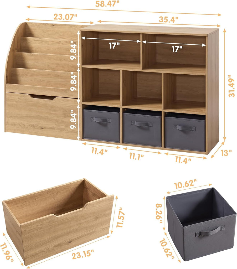 Kids Bookshelf and Toy Storage, Toy Storage Organizers with Movable Drawers & 3 Storage Bins, Kids Reading Nook Toy