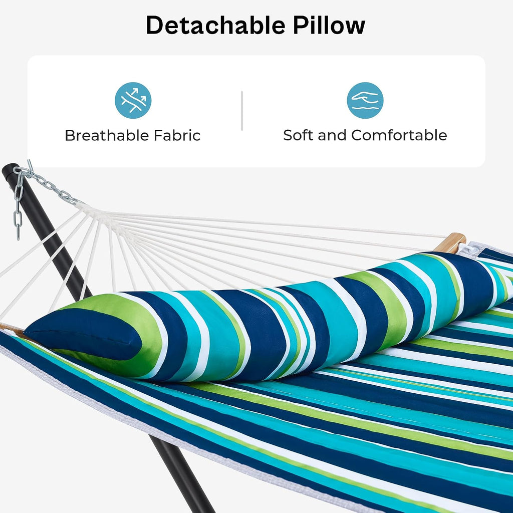 Hammock with Stand, 2 Person Heavy Duty Hammock with Padded Cotton, Detachable Pillow & Strong Curved-Bar & Portable