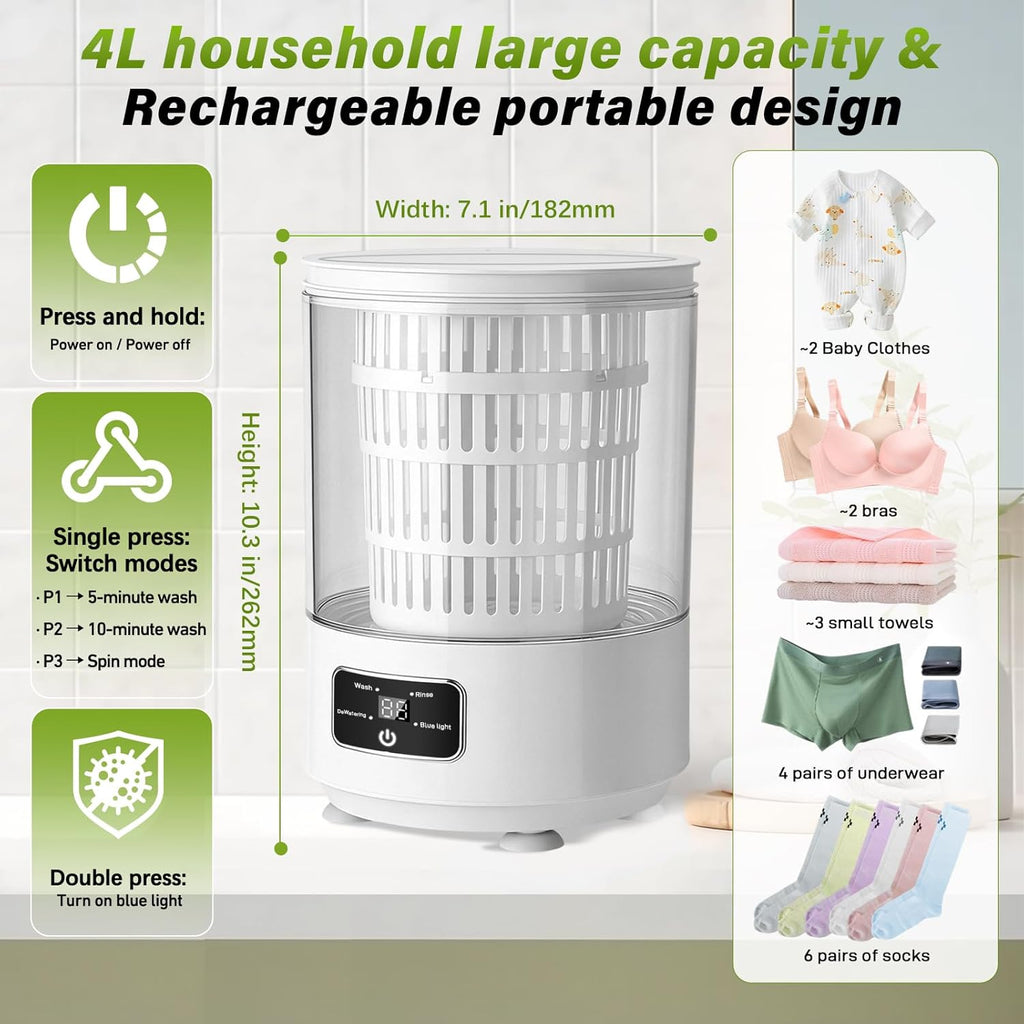 Portable Mini Washing Machine,4L Large Capacity Underwear Washing Machine,With blue Light and Dehydration Function