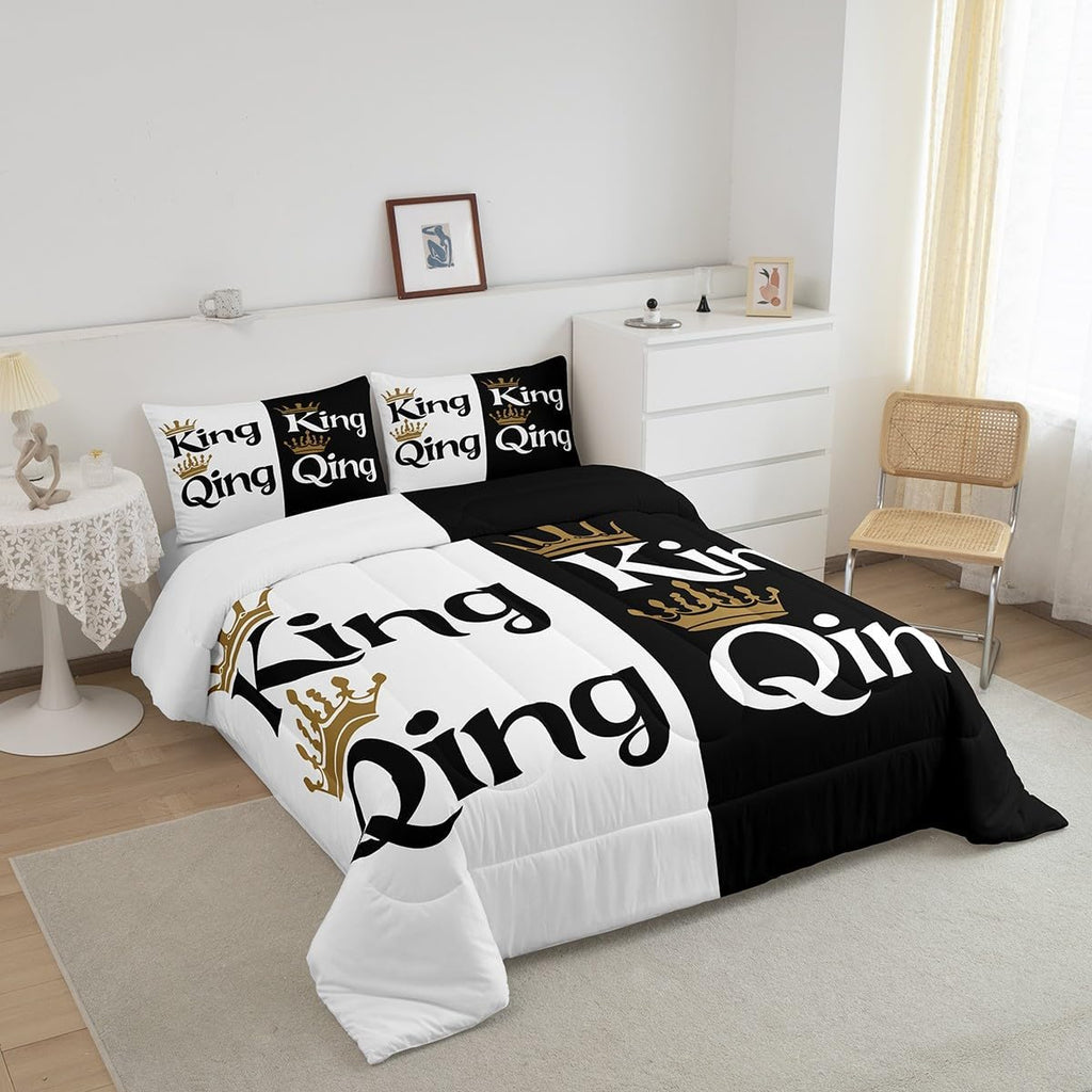 King and Queen Crown Comforter Set Black White Couple Bedding Set for Adult Women Men,His Her Mr Mrs Quilt