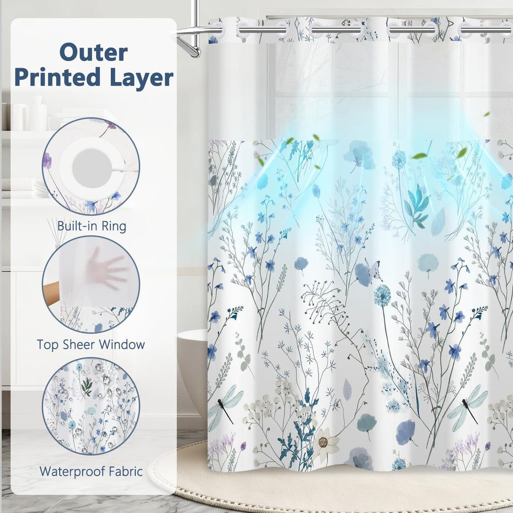 No Hook Watercolor Floral Shower Curtain and Liner Set, Hotel Style Waterproof Fabric Shower Curtain with See Through