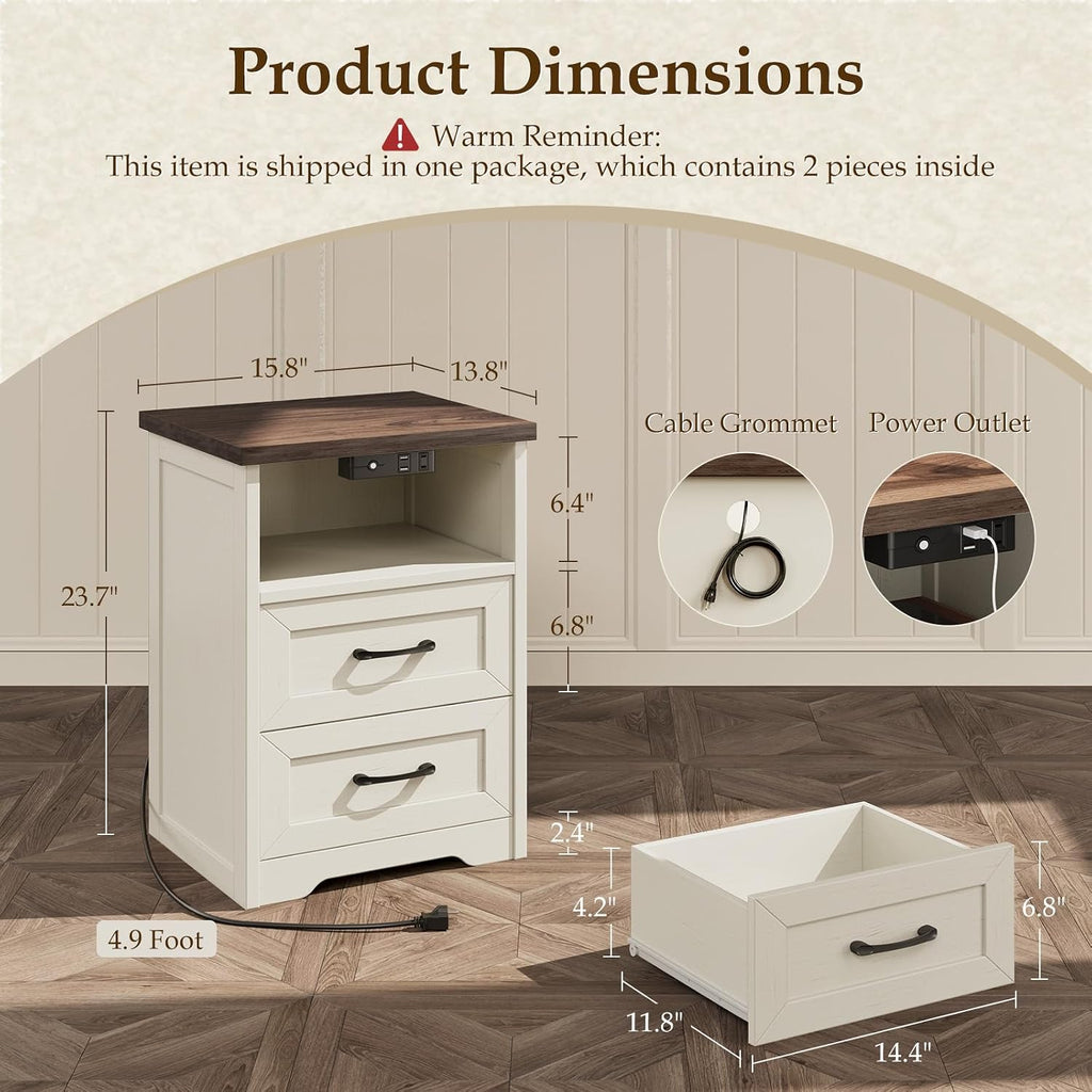 Farmhouse Nightstand Set of 2, Bedside Tables with Charging Station & LED Lights, End Tables with Two Drawers and