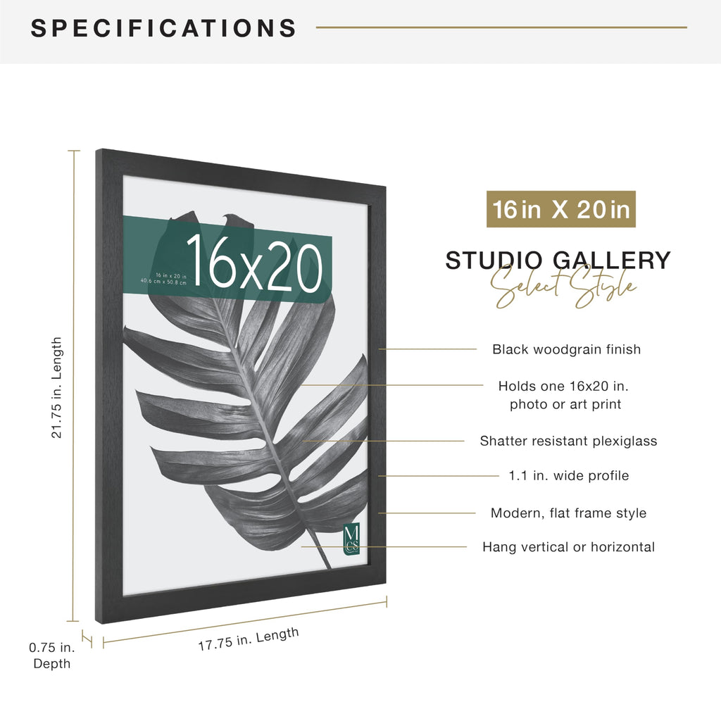 Studio Gallery Poster Frame, 16x20, Black Woodgrain, 1-Pack