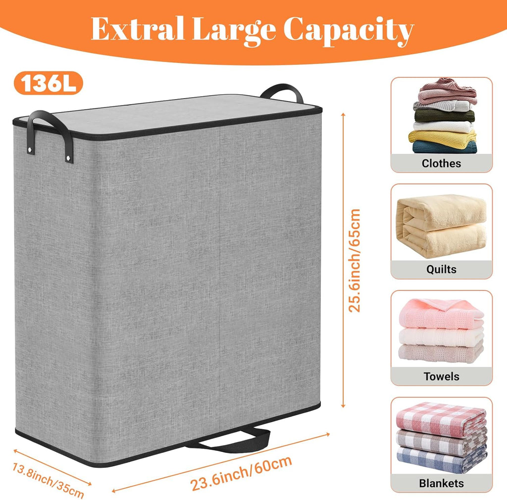 136L 2 Section Laundry Hamper with Lid, Laundry Basket, Gray | Large Laundry Hampers with Reinforced Handles &