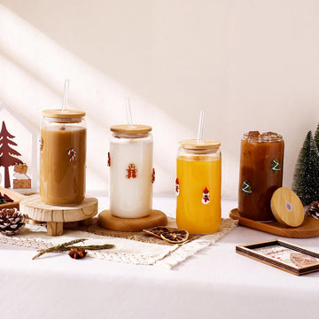 4 Pcs Christmas Icon Glass Cups, 17 oz Tumblers with Lids