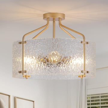 Semi Flush Mount Ceiling Light Fixture,Glass Drum Kitchen Lighting Fixtures Ceiling,18''Gold Modern Light Fixture