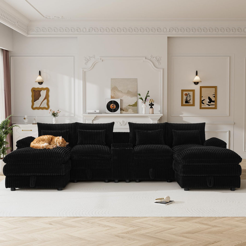 120" Cloud Couch Sectional U Shaped Black Sectional Couches, Plush Soft Comfy Fluffy Corduroy Couch Sectionals