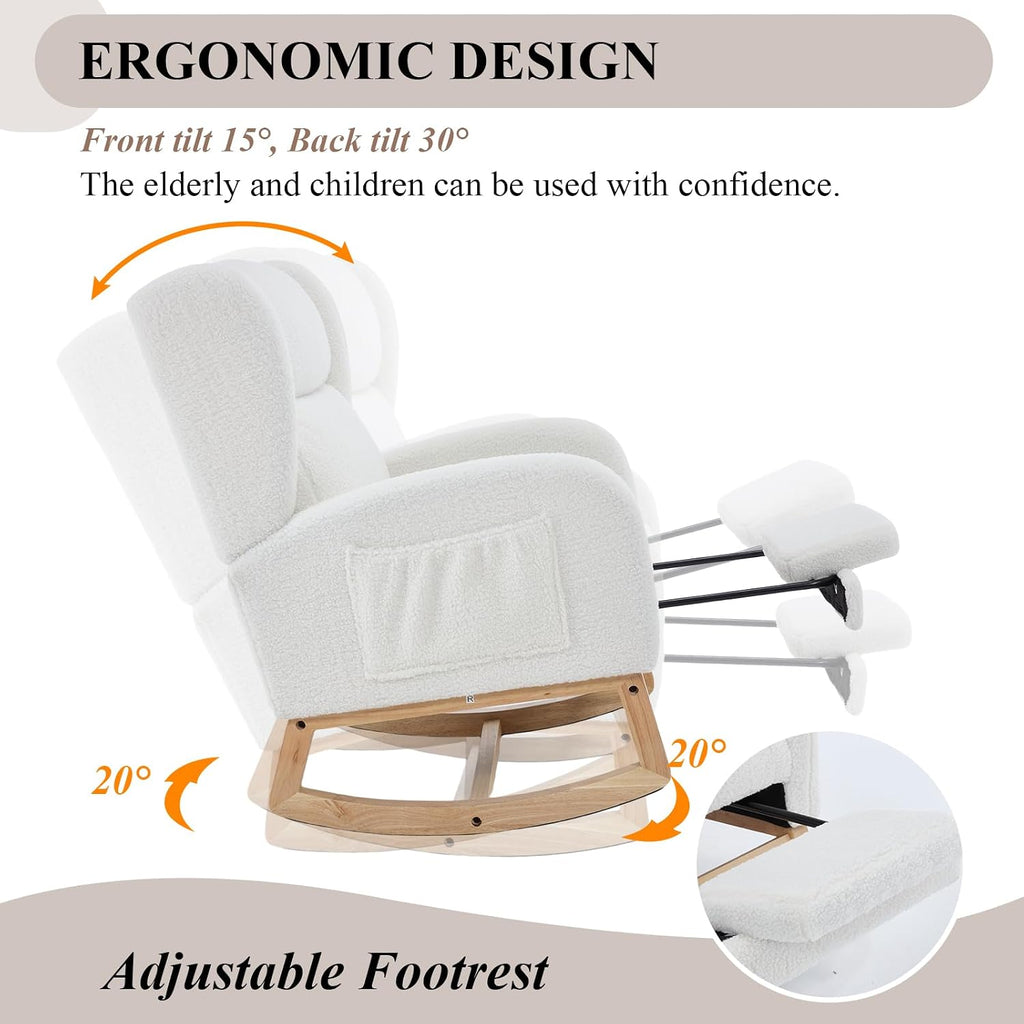 Nursery Rocking Chair with Footrest, Teddy Upholstered Glider Chair, Rocker Nursery Chair with Side Pocket, Glider